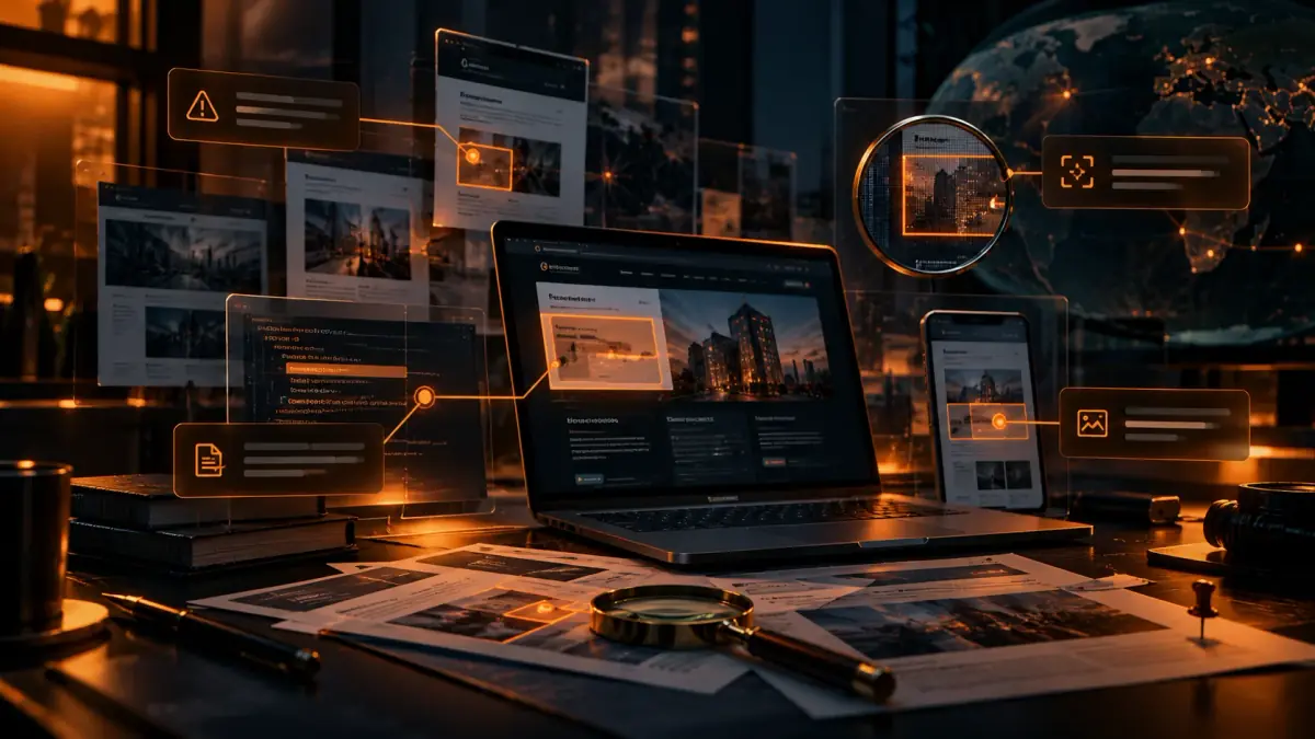 Illustration: webpages, code and printed screenshots connected to highlighted findings on a desk
